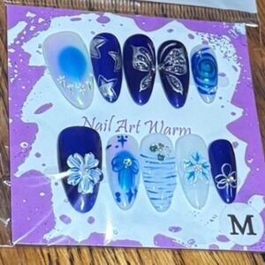 Coffin Medium Blue Floral‎ Nail Art Warm Girl Press On Nails False Tips